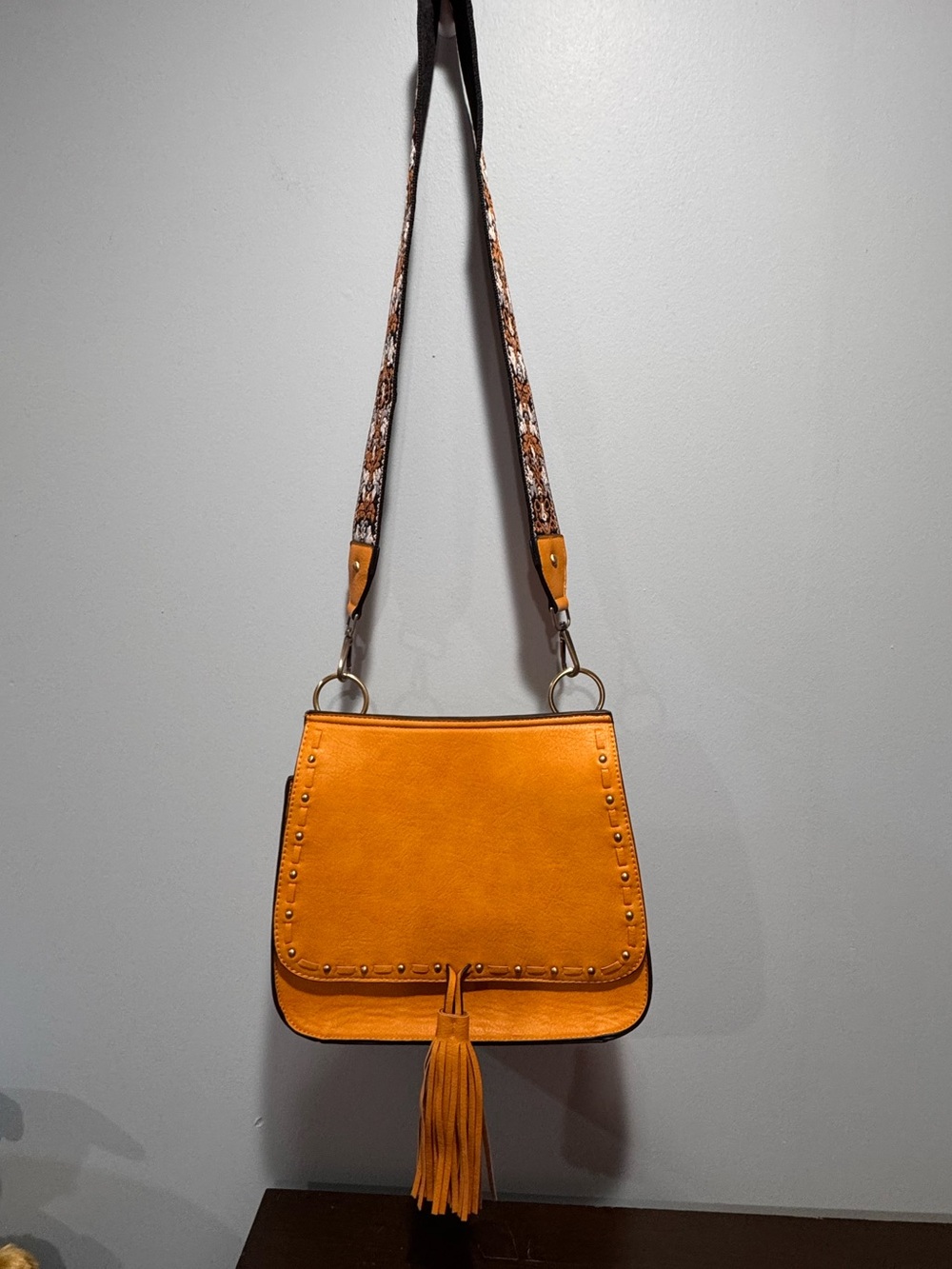 Sunflower Yellow Tassel Crossbody Bag with Patterned Strap